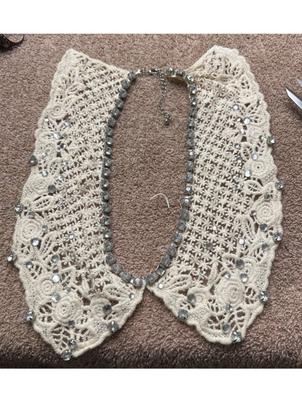 Vintage Crochet Lace Detachable Collar Gemstone Accents Adjustable Chain Closure